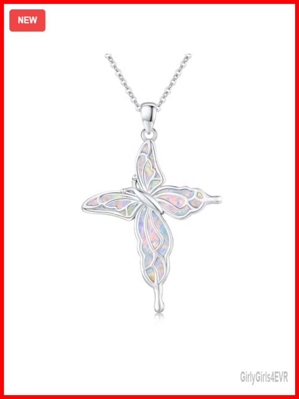 Sterling Silver Opal Butterfly Cross Pendant Necklace